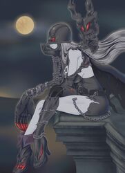  1girl belt black_belt black_bodysuit black_mask bodysuit boots breasts claws closed_mouth colored_skin demon_girl demon_wings digimon digimon_(creature) fangs fangs_out fingernails floating_hair from_side full_moon grey_hair grey_skin hand_on_own_chin head_rest high_heel_boots high_heels highres ladydevimon large_breasts large_hands leather_suit living_clothes long_hair mask moon night night_sky on_roof profile red_eyes sharp_fingernails sideboob single_bare_shoulder sitting_on_roof skull_print sky solo stitched_mouth stitches thousand_13 torn_bodysuit torn_clothes torn_wings wings 