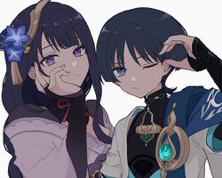  1boy 1girl anemo_symbol_(genshin_impact) aqua_sleeves black_bodysuit black_hair blue_cape blue_eyes blue_flower blunt_bangs blunt_ends bodysuit bridal_gauntlets bright_pupils cape closed_mouth expressionless eyeliner eyeshadow fan_hair_ornament flower folding_fan genshin_impact gold gold_ring hair_ornament hand_fan hand_on_own_face japanese_clothes jewelry kimono layered_sleeves long_hair looking_at_viewer makeup mandarin_collar middle_finger middle_ring mole mole_under_eye mother_and_son mxxu_box obiage off_shoulder one_eye_closed open_clothes open_kimono parted_bangs purple_kimono purple_nails raiden_shogun red_eyeliner red_eyeshadow red_ribbon ribbon ring scaramouche_(genshin_impact) short_sleeves shoulder_peek shrug_(clothing) single_sidelock tassel tassel_hair_ornament upper_body vision_(genshin_impact) wanderer_(genshin_impact) white_background white_kimono white_pupils white_sleeves white_trim 