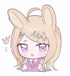  1girl :d ahoge akamatsu_kaede animal_ears blonde_hair blush clenched_hands cropped_torso danganronpa_(series) danganronpa_v3:_killing_harmony hair_ornament heart heart-shaped_pupils highres long_hair mi_suri musical_note musical_note_hair_ornament pink_eyes pink_sweater_vest rabbit_ears simple_background smile solo sweater_vest symbol-shaped_pupils white_background 