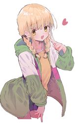  1girl :d bird blonde_hair blush braid commentary cropped_legs fujita_kotone gakuen_idolmaster green_jacket hand_up heart highres hood hooded_jacket idolmaster jacket java_sparrow long_hair looking_at_viewer mieharu miniskirt multicolored_clothes multicolored_jacket open_clothes open_jacket plaid_clothes plaid_skirt pleated_skirt purple_jacket purple_skirt shirt simple_background skirt smile solo t-shirt twin_braids white_background white_java_sparrow yellow_eyes yellow_shirt 