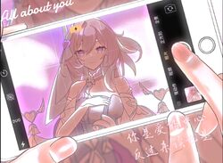  1girl bare_shoulders battery_indicator bell breasts chinese_commentary commentary_request corset detached_sleeves elysia_(herrscher_of_human:_ego)_(honkai_impact) elysia_(honkai_impact) english_text fake_phone_screenshot fake_screenshot heart holding holding_phone honkai_(series) honkai_impact_3rd liuying13123 long_hair phone pink_hair pink_nails short_sleeves violet_eyes white_corset white_veil 