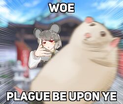  1girl absurdres animal_ears blue_sky blurry blurry_background blush capelet clouds commentary eminem_throwing_a_fat_rat_(meme) emphasis_lines english_commentary english_text grey_capelet grey_hair grey_vest highres kiiroku06 looking_at_viewer medium_bangs meme motion_blur mouse_(animal) mouse_ears mouse_girl myouren_temple nazrin open_mouth red_eyes shirt short_hair sky solo touhou triangle_mouth upper_body v-shaped_eyebrows vest white_shirt 