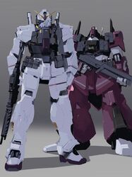  aeug ammunition_pouch arms_at_sides assault_rifle cup finger_on_trigger full_body gradient_background green_eyes gun gundam gundam_mk_ii highres holding holding_cup looking_at_viewer mecha mecha_focus mobile_suit no_humans one-eyed pouch rick_dias rifle rintaro_komori robot science_fiction shadow standing v-fin weapon zeta_gundam 