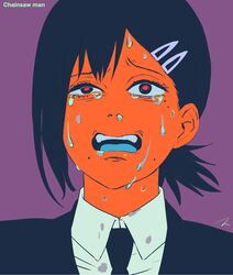  1girl black_hair black_necktie chainsaw_man collared_shirt colored_skin commentary copyright_name hair_ornament hairclip higashiyama_kobeni highres matahei mole mole_under_eye mole_under_mouth multiple_moles necktie nervous_sweating open_mouth orange_skin purple_background shirt short_ponytail single_sidelock solo sweat tears white_shirt 