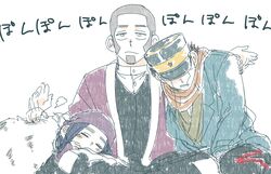  1girl 2boys ainu asirpa blush buzz_cut closed_mouth commentary_request facial_hair goatee golden_kamuy grey_hair hat headband highres hituji_yerm long_hair military_hat multiple_boys patting purple_headband scar scar_on_face scarf shiraishi_yoshitake short_hair sideburns sidelocks sleeping sugimoto_saichi very_short_hair white_background 