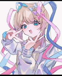  1girl :d blonde_hair blue_bow blue_eyes blue_hair bow chouzetsusaikawa_tenshi-chan commentary double_v hair_bow hands_up heart long_hair long_sleeves looking_at_viewer multicolored_hair nakataa_7 needy_girl_overdose open_mouth pink_bow pink_hair purple_bow quad_tails sailor_collar simple_background smile solo symbol-only_commentary upper_body v white_background 