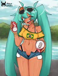  absurdres bead_choker borrowed_design bracelet brazil brazilian_flag brazilian_flag_print brazilian_miku brazilian_miku_(cosplay) cosplay earrings exposed_pocket flower gold_earrings hair_flower hair_ornament hatsune_miku highres jewelry multiple_bracelets nolasenzei rectangular_earrings shorts_tan sweat tan tanline_peek tanlines vocaloid white-framed_eyewear 