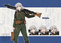  1girl blue_eyes commentary_request grey_hair gun highres holding holding_gun holding_weapon looking_at_viewer military_uniform original short_hair tokitsu_sousaku uniform weapon weapon_request 