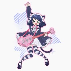  1girl animal_ears arm_up beffkawa bell black_hair bow bowtie cat_ears cat_tail commentary cyan_(show_by_rock!!) dress drill_hair electric_guitar english_commentary fang flat_chest frilled_dress frills full_body green_eyes guitar heart highres instrument jingle_bell maid_headdress necktie pink_bow pink_bowtie short_dress show_by_rock!! solo sparkle striped_clothes tail 