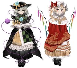  2girls alternate_costume black_cape black_footwear black_hat black_skirt blonde_hair bow cape close-up flandre_scarlet fur-trimmed_cape fur_trim green_eyes grey_hair hair_between_eyes hat hat_bow hat_ribbon head_tilt highres komeiji_koishi light_smile looking_at_viewer medium_hair mob_cap multicolored_wings multiple_girls one_side_up ougiikun red_cape red_eyes ribbon shoes simple_background skirt third_eye touhou white_background white_hat wings yellow_bow yellow_ribbon 