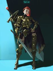  1girl absurdres arm_armor armor armored_boots armored_dress arowana2111 blue_eyes boots breastplate chain gauntlets highres holding holding_sword holding_weapon holster huge_weapon original redhead short_hair side_cut sword thigh_holster weapon 