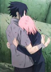  1boy 1girl afterimage black_hair black_pants closed_eyes dirty dirty_clothes grey_shirt haruno_sakura hetero highres hug long_sleeves motion_lines naruto_(series) naruto_shippuuden niku_(ni23ku) pants pink_hair shirt short_hair spiky_hair uchiha_sasuke 