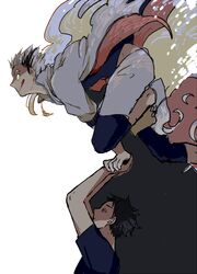  2boys akaashi_keiji arms_up black_hair blue_leggings blue_shirt bokuto_koutarou commentary_request haikyuu!! holding_hands jacket knee_up leggings looking_ahead looking_forward male_focus multicolored_clothes multicolored_hair multicolored_jacket multiple_boys partially_shaded_face ponko_(popopoponko) profile shirt shoes short_hair shorts streaked_hair t-shirt tongue tongue_out white_footwear white_hair white_shorts yellow_eyes 