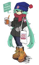  1girl aqua_hair bag beanie black_coat blue_hat blue_leggings boots boston_red_sox brown_footwear canada_goose_(brand) coat cup disposable_cup dunkin&#039;_donuts english_commentary english_text full_body grey_mittens hat hatsune_miku holding holding_cup iced_coffee leggings logo long_sleeves looking_at_viewer market_basket massachusetts mittens pom_pom_(clothes) pom_pom_beanie red_scarf scarf shoelaces shoulder_bag simple_background speech_bubble standing tote_bag vocaloid white_background wishpetal 