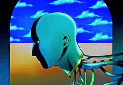  1boy arch bald cable clouds cloudy_sky disembodied_head from_side highres mechanical_spine nose original outdoors ringed_eyes sky solo spine surreal umisida 