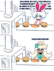  2girls 3rf ahoge animal_ear_hairband animal_ears blonde_hair burger choker collar dog elphelt_valentine english_text factory fake_animal_ears flower food green_eyes guilty_gear hair_flower hair_ornament hairband headband highres hot_dog i_guess_we_doin_circles_now_(meme) jacket long_hair machinery meme multiple_girls rabbit_ear_hairband rabbit_ears ramlethal_valentine red_jacket shirt short_hair spiked_collar spikes white_hair white_shirt yellow_eyes 