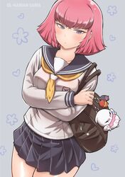  1girl absurdres arasa_ol_haman-sama blush breasts character_charm charm_(object) gundam haman_karn highres iwasaki_masakazu long_sleeves neckerchief pink_hair pleated_skirt qubeley qubeley_mk_ii sailor_collar school_uniform serafuku shirt short_hair skirt solo sweatdrop 