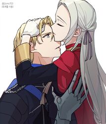  1boy 1girl arm_up blonde_hair blue_capelet blue_eyes capelet close-up closed_eyes closed_mouth commentary_request couple dimitri_alexandre_blaiddyd edelgard_von_hresvelg english_commentary fire_emblem fire_emblem:_three_houses from_side gloves hair_between_eyes hair_ribbon hand_on_another&#039;s_back hand_on_another&#039;s_head hetero highres ikaikakka long_hair long_sleeves looking_up mixed-language_commentary parted_bangs parted_lips pink_lips purple_ribbon red_capelet ribbon short_hair simple_background standing twitter_username white_background white_gloves white_hair 