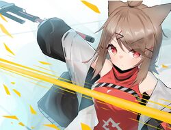  1girl animal_ears arknights bare_shoulders black_hairband breasts brown_hair closed_mouth commentary_request cutter_(arknights) fox_ears fox_girl hair_ornament hairband hairclip high_collar highres holding holding_sword holding_weapon light_blush looking_up matchadzuke medium_breasts medium_hair partial_commentary red_eyes red_shirt shirt sidelocks slashing sleeveless solo swept_bangs sword two-tone_shirt unworn_sleeves v-shaped_eyes weapon x_hair_ornament 