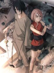  1boy 1girl black_eyes black_hair black_shorts boruto:_naruto_next_generations closed_mouth elbow_pads forehead_protector full_body green_eyes haruno_sakura highres holding holding_sword holding_weapon hospital_gown katana knee_pads long_sleeves naruto_(series) niku_(ni23ku) ninja pink_hair red_shirt rinnegan sandals shadow shirt short_hair shorts sleeveless sleeveless_shirt standing sword uchiha_sasuke weapon 