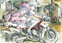  2girls arch brick_floor brick_wall building closed_eyes exhaust_pipe hat highres izayoi_sakuya maid master_(4th) medium_hair mob_cap motor_vehicle motorcycle multiple_girls remilia_scarlet riding touhou tree vehicle_focus window 