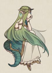  1girl arm_support bracelet dragon_girl dragon_tail dress earrings expressionless fire_emblem fire_emblem_echoes:_shadows_of_valentia from_side full_body green_eyes green_hair haconeri highres invisible_chair jewelry knee_up long_hair looking_to_the_side mila_(fire_emblem) pointy_ears profile sandals simple_background sitting solo tail white_dress 