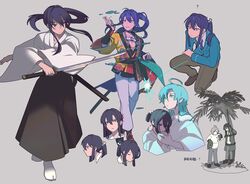  2boys ? absurdres aged_down ahoge aqua_hair arm_guards black_hakama blue_jacket blue_necktie bound bound_ankles bound_arms brown_footwear brown_pants casual closed_eyes collarbone collared_shirt ensemble_stars! fish floating_clothes floating_hair full_body green_eyes hair_between_eyes hair_down hair_intakes hair_over_shoulder hakama hakama_pants hand_up hatena_to_kinoko highres holding holding_sword holding_weapon hug jacket japanese_clothes kanzaki_souma katana kimono kimono_collar long_hair long_sleeves looking_down looking_up male_focus medium_hair motoyui multiple_boys multiple_views necktie obi official_alternate_costume on_one_knee palm_tree pants pectoral_cleavage pectorals ponytail purple_hair sash scabbard scene_reference school_uniform sheath shibari shibari_over_clothes shinkai_kanata shirt short_hair short_ponytail sidelocks smile standing sweater sword tabi tree v-shaped_eyebrows very_long_hair violet_eyes weapon white_kimono white_pants white_shirt white_sweater wide_sleeves wing_collar yumenosaki_school_uniform 