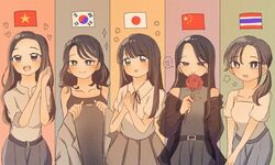  5girls black_camisole black_hair brown_hair brown_skirt camisole closed_mouth collared_shirt commentary_request flower grey_eyes grey_jacket grey_pants grey_shirt grey_skirt heart highres holding holding_flower jacket japan-korea_yuri_(meme) japanese_flag long_hair meme miyosuke_chan multiple_girls open_mouth original own_hands_together pants people&#039;s_republic_of_china_flag ponytail red_flower red_rose rose see-through see-through_jacket shirt skirt sleeveless sleeveless_shirt smile south_korean_flag sparkle spoken_heart star_(symbol) thai_flag unworn_jacket vietnamese_flag violet_eyes white_shirt 