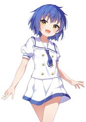  1girl blue_hair blue_necktie fang gochuumon_wa_usagi_desu_ka? highres jouga_maya kafuu_chino&#039;s_school_uniform looking_to_the_side messy_hair necktie puffy_sleeves sailor_collar school_uniform scrunchie short_hair short_sleeves skirt thighs walking white_sailor_collar white_scrunchie white_skirt win_opz yellow_eyes 