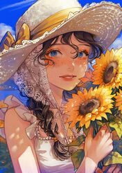  1girl absurdres blue_eyes blush breasts brown_hair clouds dress flower freckles hair_between_eyes hat highres hina_(xoxo) holding holding_flower jewelry long_hair looking_at_viewer necklace original parted_lips pearl_necklace sky sleeveless sleeveless_dress solo sunflower white_dress 