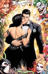  3boys 3girls arm_around_waist bane bare_shoulders batman_(series) black_bow black_bowtie black_dress black_hair black_jacket black_pants blonde_hair blue_eyes blue_eyeshadow blue_hair bow bowtie bruce_wayne card closed_eyes dc_comics dress earrings english_text eyeshadow flower green_hair harley_quinn highres jacket jewelry joker_(dc) kiss makeup mask mismatched_eyeshadow multicolored_hair multiple_boys multiple_girls orange_hair pale_skin pants plant playing_card poison_ivy red_bow red_bowtie red_eyes red_eyeshadow red_lips redhead selina_kyle shirt short_hair sound_effects suit teeth twintails tyler_kirkham vines white_flower white_shirt 