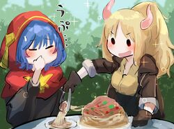  2girls blonde_hair blue_hair commission duel_monster eating ecclesia_(yu-gi-oh!) food fork glutton hatano_kiyoshi highres horns incredible_ecclesia_the_virtuous lo_the_prayers_of_the_voiceless_voice multiple_girls pasta ponytail red_hood red_robe robe skeb_commission spaghetti table yu-gi-oh! 