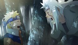  2boys blonde_hair closed_eyes facial_mark facing_another falling_leaves forehead_protector forest hosun jacket jiraiya_(naruto) konohagakure_symbol leaf long_hair multiple_boys naruto naruto_(series) nature open_mouth short_hair uzumaki_naruto whisker_markings white_hair 