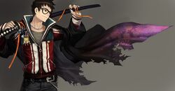 1boy arms_up belt belt_buckle belt_chain black-framed_eyewear black_belt black_hair black_nails black_pants brown_eyes buckle chain chain_necklace charm_(object) closed_mouth commentary cowboy_shot dice glasses gradient_background gradient_clothes gradient_jacket grey_shirt holding holding_sword holding_weapon jacket jewelry katana katekyo_hitman_reborn layered_clothes looking_ahead male_focus multicolored_clothes multicolored_jacket nail_polish necklace olivia_(yh) orange_ribbon pants partially_unzipped patterned_clothing ribbon shirt short_hair smile solo spongebob_squarepants spongebob_squarepants_(character) spongebob_squarepants_(series) star_(symbol) striped_clothes striped_jacket studded_belt sword t-shirt torn_clothes torn_jacket undershirt vertical-striped_clothes vertical-striped_jacket weapon weapon_across_shoulders white_stripes wide_sleeves yamamoto_takeshi zipper zipper_pull_tab