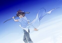  1boy bandaged_wrist bandages blue_background blue_sky brown_eyes brown_hair clouds facing_away grey_pants holding holding_staff holding_stick hood hoodie horizon looking_at_viewer moribuden open_clothes open_shirt original outdoors pants shirt sky smile staff stick walking white_hoodie white_shirt wind 