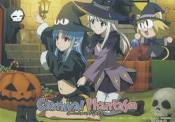  &lt;|&gt;_&lt;|&gt; 1boy 3girls absurdres artist_request barefoot blonde_hair blue_hair brown_eyes candle carnival_phantasm dressing_another expressionless fate/stay_night fate_(series) halloween halloween_costume hassan_of_the_cursed_arm_(fate) hat highres holding holding_staff illyasviel_von_einzbern jack-o&#039;-lantern kneeling lantern len_(tsukihime) long_hair multiple_girls navel neco-arc official_art pointy_ears red_eyes scan skull smile staff tsukihime type-moon white_hair witch_hat 