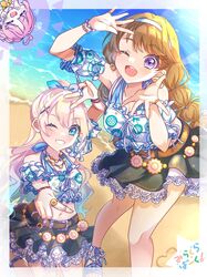  3girls ;d =_= ahoge anyoji_hime beach belt black_ribbon black_skirt blonde_hair blue_eyes blue_hair blunt_bangs blush brown_belt brown_hair chibi chibi_inset commentary cropped_shirt detached_sleeves earrings frilled_shirt frills fujishima_megumi gradient_hair grin hair_bun hair_ribbon hasu_no_sora_school_uniform heart heart_ahoge highres index_finger_raised jewelry kneeling lace-trimmed_skirt lace_trim leaning_forward light_blue_hair link!_like!_love_live! long_hair looking_at_viewer love_live! low_twintails midriff miniskirt mira-cra_park! multi-tied_hair multicolored_hair multiple_girls natsumeki_pain navel neckerchief official_alternate_costume one_eye_closed open_hands open_mouth osawa_rurino outdoors pink_hair pointing pointing_at_viewer ponytail ribbon sakari_(pear_8_ll) school_uniform shirt sidelocks single_hair_bun skirt sleeveless sleeveless_shirt smile standing summer_uniform swept_bangs twintails violet_eyes white_shirt white_sleeves yellow_neckerchief 