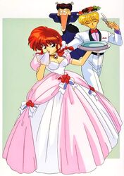 1boy 2girls blonde_hair blue_dress bow breasts brown_hair colored_skin dress food formal highres multiple_girls nakajima_atsuko non-web_source official_art open_mouth picolet_chardin_ii pink_skin ranma-chan ranma_1/2 red_bow teeth 