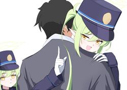  1boy 2girls :&lt; absurdres black_hair blue_archive closed_mouth commentary earrings gloves green_hair grey_jacket halo hand_on_another&#039;s_shoulder hand_up hat highres hikari_(blue_archive) hug index_finger_raised jacket jewelry long_hair long_sleeves looking_at_another looking_at_viewer multiple_girls no_pupils nozomi_(blue_archive) open_mouth peaked_cap pointy_ears purple_hat purple_jacket sensei_(blue_archive) short_hair simple_background smile smug upper_body white_background white_gloves wuxifeng yellow_eyes yellow_halo 