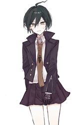  1boy ahoge black_gloves black_hair collared_shirt cosplay cowboy_shot danganronpa:_trigger_happy_havoc danganronpa_(series) danganronpa_v3:_killing_harmony gloves hair_between_eyes highres jacket kirigiri_kyoko kirigiri_kyoko_(cosplay) long_sleeves looking_at_viewer male_focus necktie pleated_skirt saihara_shuichi shirt short_hair skirt solo sweat teeth 