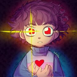  1other androgynous artist_name brown_hair frisk_(undertale) heart linterteatime long_sleeves looking_at_viewer parted_lips red_eyes shirt short_hair simple_background solo striped_clothes striped_shirt striped_sweater sweater undertale unusually_open_eyes upper_body 