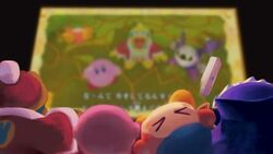  &gt;_&lt; animal_print bandana bandana_waddle_dee beak beanie black_background blue_bandana blue_cape blurry blurry_background blush_stickers cape colored_skin commentary_request controller falling from_behind fur-trimmed_robe fur-trimmed_sleeves fur_trim game_controller game_screenshot_inset gloves hat highres holding king_dedede kirby kirby&#039;s_return_to_dream_land kirby_(series) long_sleeves meta meta_knight no_humans no_mouth orange_skin pink_skin playing_games pom_pom_(clothes) pom_pom_beanie purple_skin rabbit_print red_hat red_robe robe suyasuyabi television white_mask wii_remote yellow_gloves 