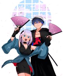  1boy 1girl absurdres black_nails blue_eyes blue_hair closed_mouth commentary_request crossed_arms fingerless_gloves folding_fan gloves hand_fan highres holding holding_fan inoue_koharu japanese_clothes katana looking_at_viewer open_mouth original pink_hair red_eyes sheath sheathed short_hair smile standing sword weapon white_background white_hair 