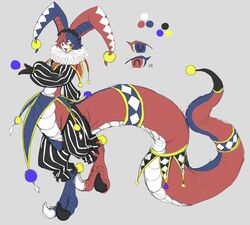  1boy animal_feet bifuteki_(bi_futeki) blue_eyes blue_hair claws commentary_request dragon_boy dragon_tail full_body grey_background hat heterochromia highres jester jester_cap long_sleeves looking_at_viewer male_focus monster_boy multicolored_hair original puffy_long_sleeves puffy_sleeves red_eyes redhead reference_sheet simple_background solo split-color_hair tail very_long_tail 