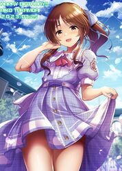  1girl absurdres ascot blue_ribbon blue_sky blurry blurry_background blush bow breasts brown_eyes brown_hair building character_name clouds commentary_request cowboy_shot dated day dot_nose dress dress_bow falling_petals hair_bow hair_ribbon hand_up happy_birthday highres idolmaster idolmaster_cinderella_girls idolmaster_cinderella_girls_starlight_stage long_hair looking_at_viewer ment open_mouth outdoors petals plaid_clothes plaid_dress plaid_ribbon ponytail puffy_short_sleeves puffy_sleeves purple_bow purple_dress red_ascot ribbon short_sleeves sidelocks skirt_hold sky small_breasts smile solo sparkle standing takamori_aiko tree 