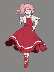  1girl bare_arms bolos closed_mouth commentary determined dress frown full_body furrowed_brow grey_background leg_up long_dress long_hair looking_at_viewer mary_janes pinafore_dress pink_eyes pink_hair pleated_dress pleated_sleeves red_dress red_footwear sara_(touhou) shirt shoes short_sleeves side_ponytail simple_background sleeveless sleeveless_dress solo standing touhou touhou_(pc-98) turtleneck turtleneck_shirt white_shirt wide_sleeves 