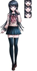  1girl :d black_sailor_collar black_thighhighs bow bowtie brown_footwear closed_mouth danganronpa:_trigger_happy_havoc danganronpa_(series) full_body green_eyes green_skirt grey_shirt hand_up maizono_sayaka miniskirt multiple_views official_art pink_bow pink_bowtie pleated_skirt sailor_collar school_uniform shirt skirt smile standing teeth thigh-highs transparent_background upper_teeth_only zettai_ryouiki 