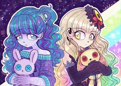  2girls blonde_hair colored_sclera colored_skin crossover curly_hair dress elbow_gloves gloves jewelry linterteatime long_hair mayu_(vocaloid) monster_girl monster_high monster_high_(g1) multiple_girls purple_hair purple_skin shirt stuffed_animal stuffed_rabbit stuffed_toy twyla_boogeyman very_long_hair vocaloid yellow_eyes 