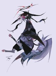  animal_feet black_cloak black_hair black_halo cloak colored_sclera full_body grey_background grey_fur grey_hair grey_sclera grey_tail halo highres kamikiririp looking_at_viewer multicolored_hair multicolored_tail original solo sparkle tail white_eyes 