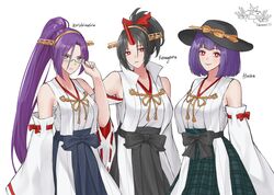  3girls aroevela black_hair black_hat black_skirt bow breasts bright_pupils character_name commentary cosplay glasses hakama hakama_skirt hat hat_bow horns japanese_clothes kantai_collection kimono kongou_(kancolle) kongou_(kancolle)_(cosplay) konngara_(touhou) long_hair looking_at_viewer meira_(touhou) multiple_girls nagae_iku plaid_clothes plaid_skirt purple_hair red_eyes short_hair simple_background single_horn skirt touhou touhou_(pc-98) white_background white_kimono white_pupils yellow_bow 